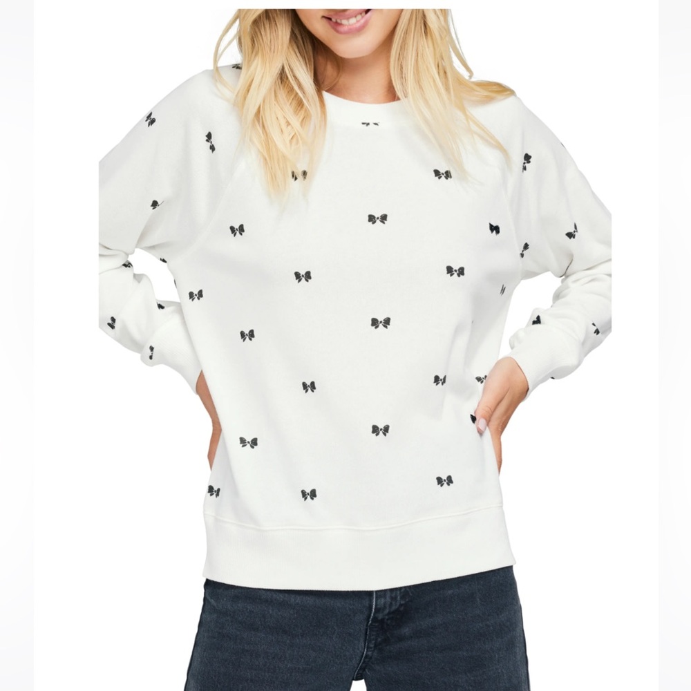Wildfox Gordon bow long sleeve sweater white black bows beaded size Large 🖤🎀